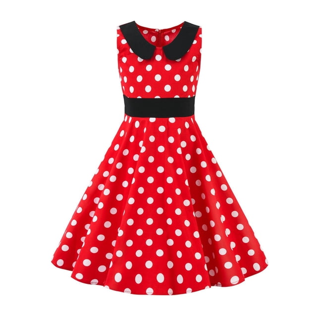 FYDUU Robes Filles Sans Manches Années 50 Vintage à Pois Robe de Soirée Rétro Col Peter Pan Décontractée Robe d'Été Quotidienne Robe de Fête