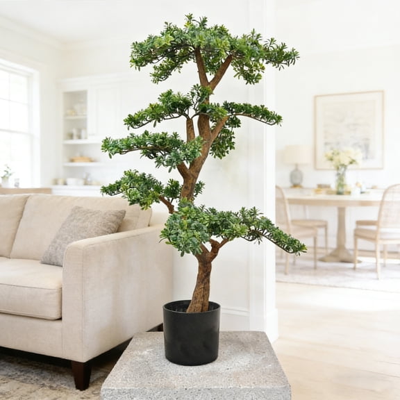 Artificial Pine Tree Faux Plant Tree Natural Trunk Faux Plastic Leaves Plant With Plastic Planter for Home Office Indoor Outdoor Decor 100cm