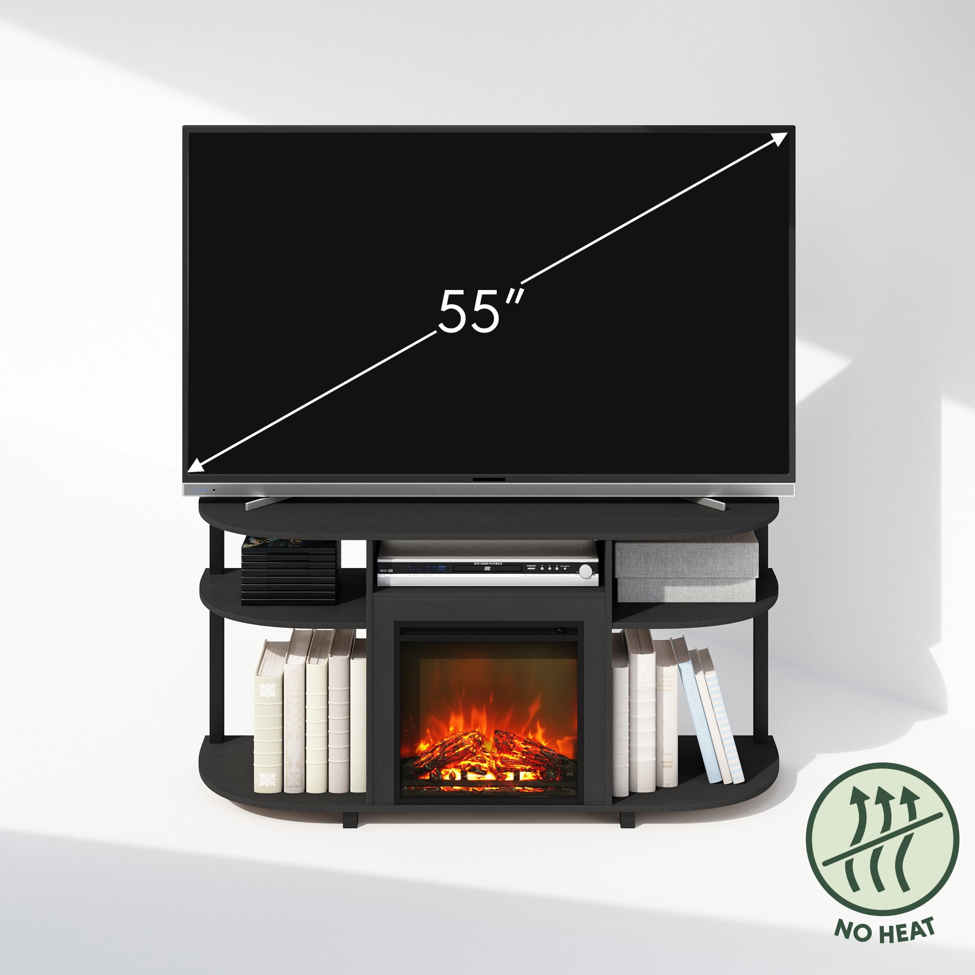 Furinno Jensen No Heat Decorative Electric Fireplace TV Stand, Entertainment Center for TV up to 55 Inch with Curved Open Storage, Americano