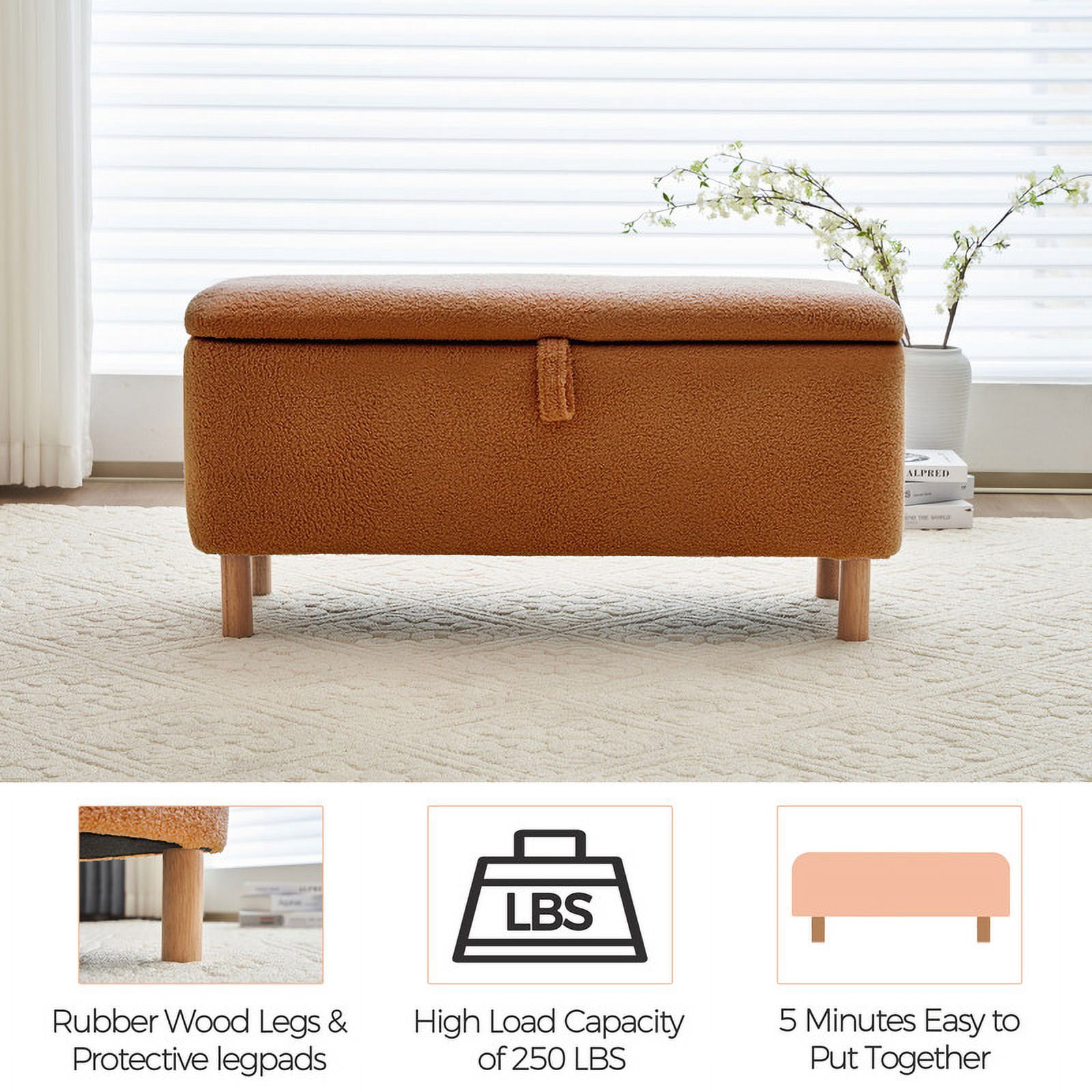 Comfort Stretch 39.3" Length Storage Ottoman Bench for Living Room,Brown Bedroom Bench with Entryway Storage Rectangular Boucle Foot Rest Stool Padded Seat