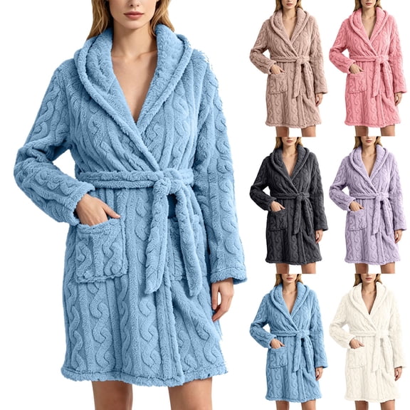 Nightgowns for Women Dqueduo Women's Solid Color Fleece Cable Knit Cardigan Bathrobe – Cozy Spa Robe Blue L