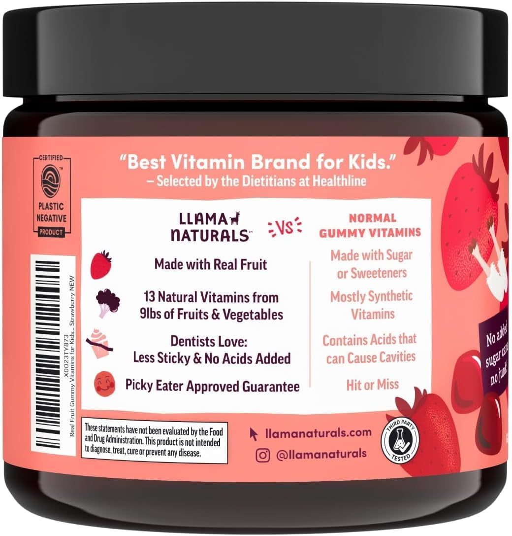 Llama Naturals Kids Multivitamin Gummies, Vegan, Organic with Vitamin D, C & K, Toddler Real Fruit Gummy Vitamins, Chewable Supplement, Whole Food Multivitamin, No Added Sugar Cane, Strawberry, 90 Ct