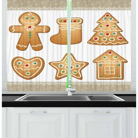 Graphic Curtain Panels Gingerbread Man Curtains 2 Panels Set, Cute Pastry Design Graphic Cookies in Different Shapes Tasty Sweet Goodies, Window Drapes for Living Room Bedroom, 55W X 39L Inches, Multicolor, by Ambesonne ()