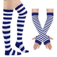 thumbnail image 2 of Resicozy 2 Pcs Striped Socks Women Thigh High Socks Knitted Arm Warmers Set Soft Stretchy Socks Long Striped Leg Warmers for Work Daily Travel Blue & White, 2 of 3