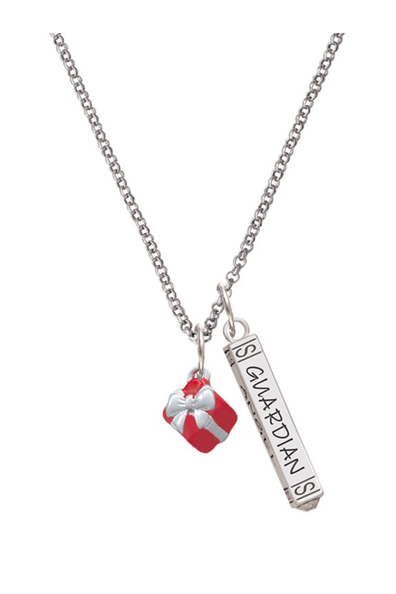 Silvertone Small 3-D Red Present Box with Bow Silvertone Guardian Angel Bar Charm Necklace, 23"