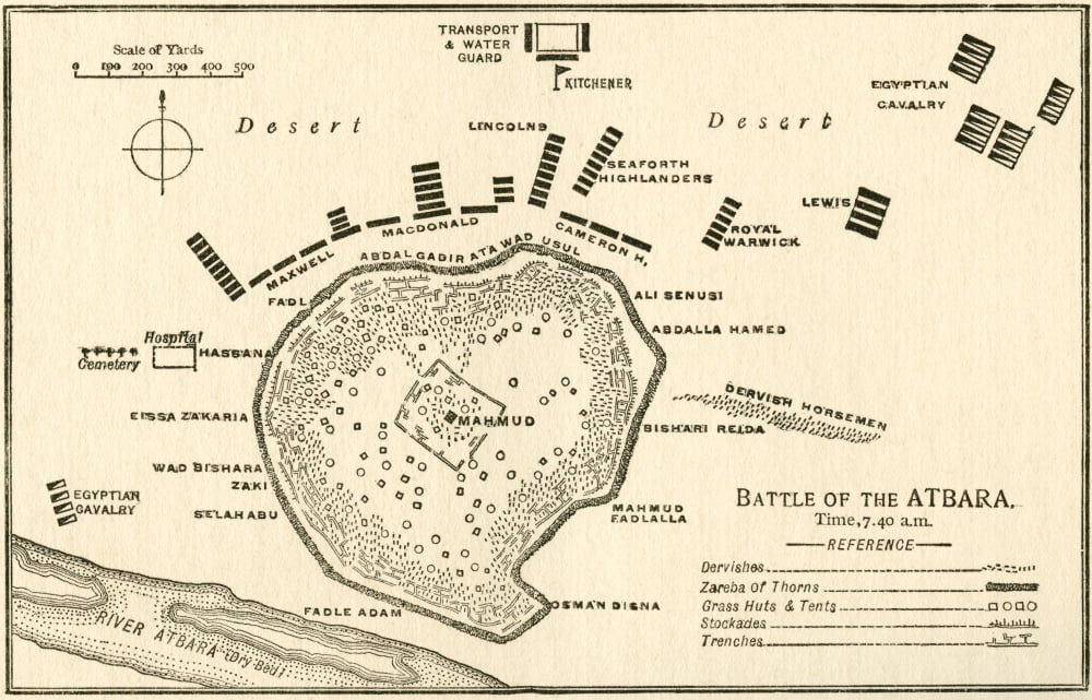Map showing The Battle of Atbara during the Second Sudan War also called the Mahdist War the Mahdist Revolt Anglo-Sudan War or the Sudanese Mahdist Revolt 1898 From Field Marshal Lord Kitchener His Li