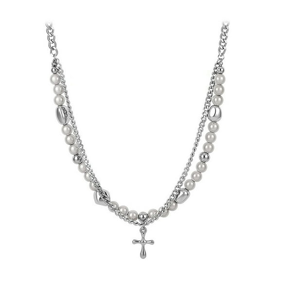 Layered Pearl Cross Necklace Women Layered Choker Necklace Cross Pendant Necklace