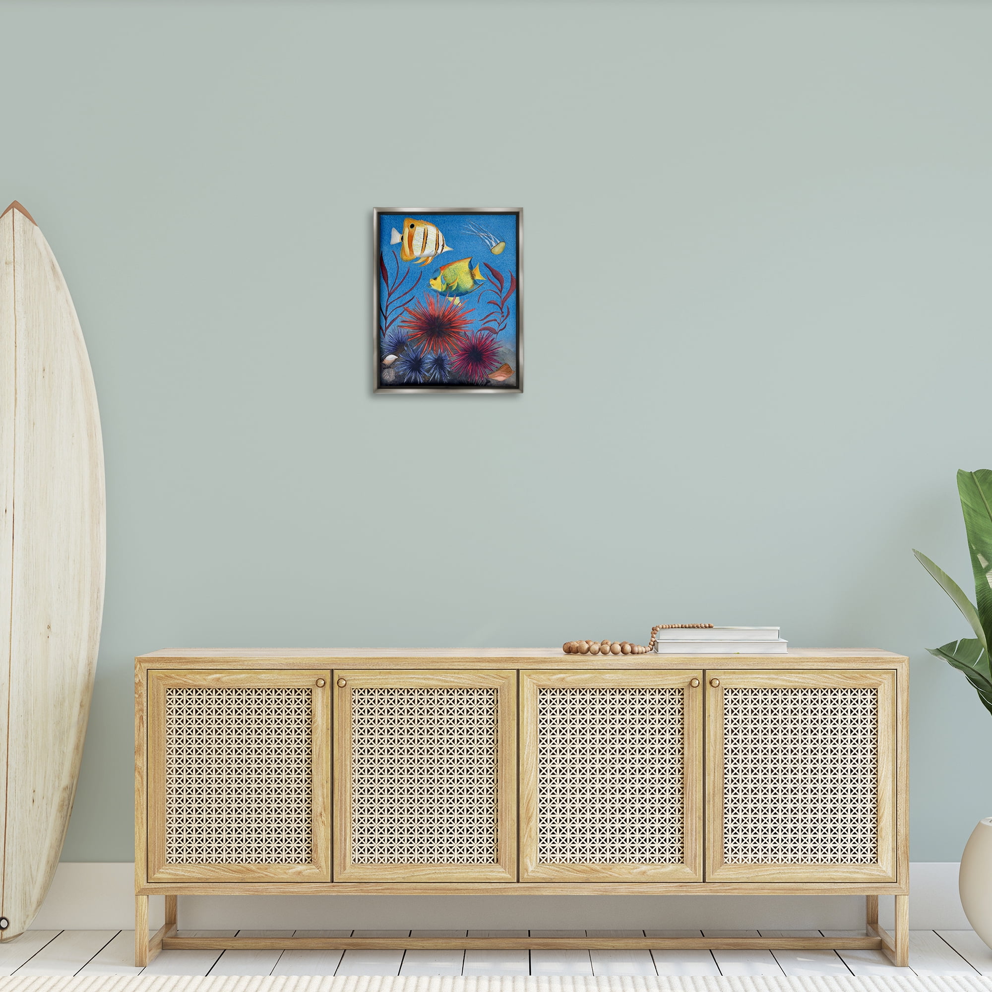 Stupell Industries Seafaring Fish & Urchins Animals Painting Gray Floater Framed Canvas Art Print Wall Art, 17 x 21