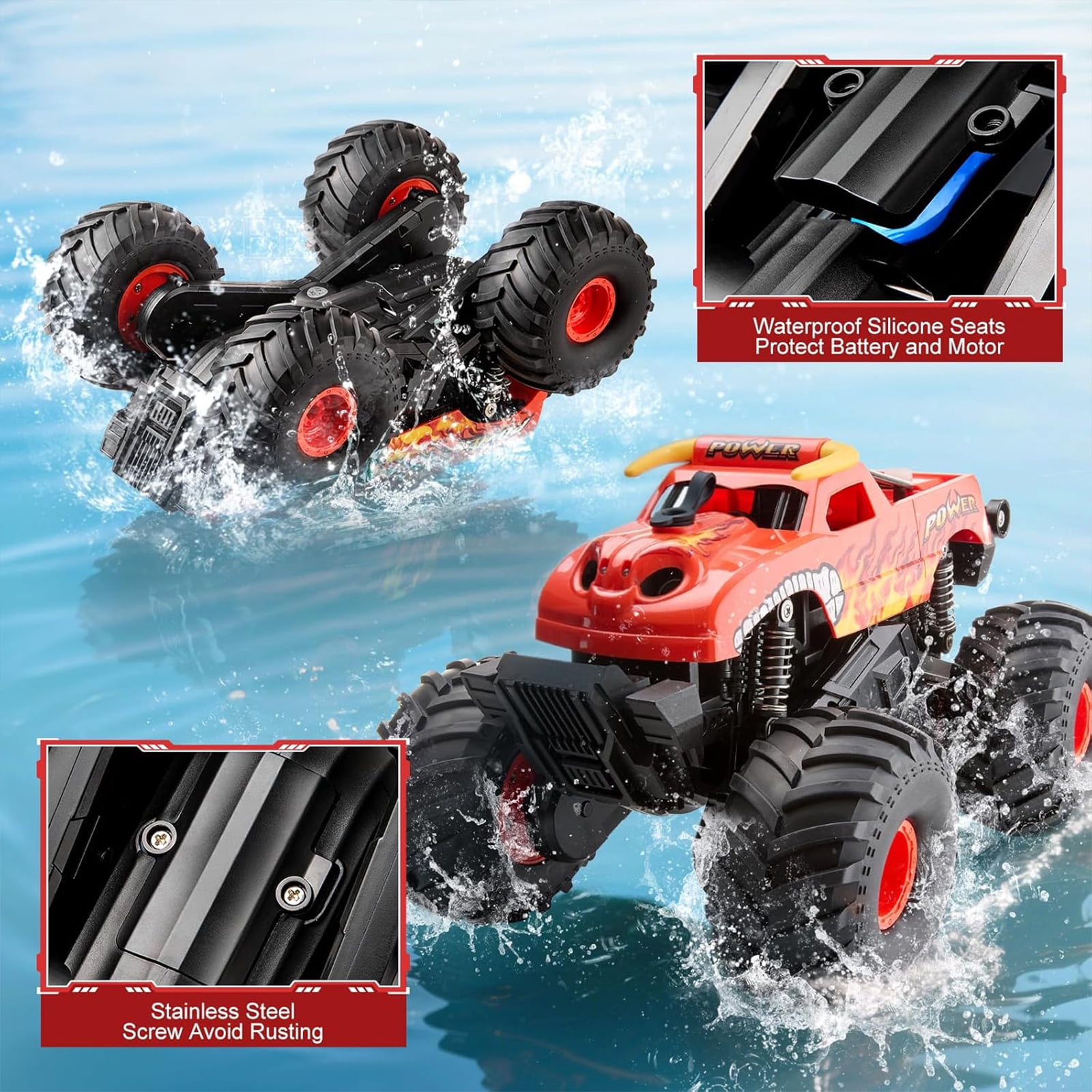 VKFVKF 1:16 Waterproof Remote Control Monster Truck - 4WD Amphibious All Terrain RC Car, Off-Road Toy Truck with Rechargeable Battery, Gift for Kids
