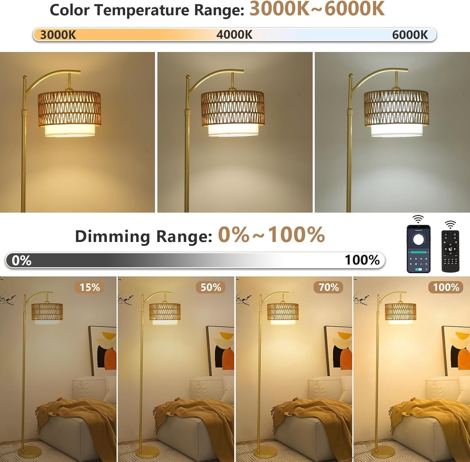 Brown+Gold Rattan and Metal Floor Lamp with Remote and Dimmable LED Bulb, Adjustable Standing Lamp for Living Room and Bedroom