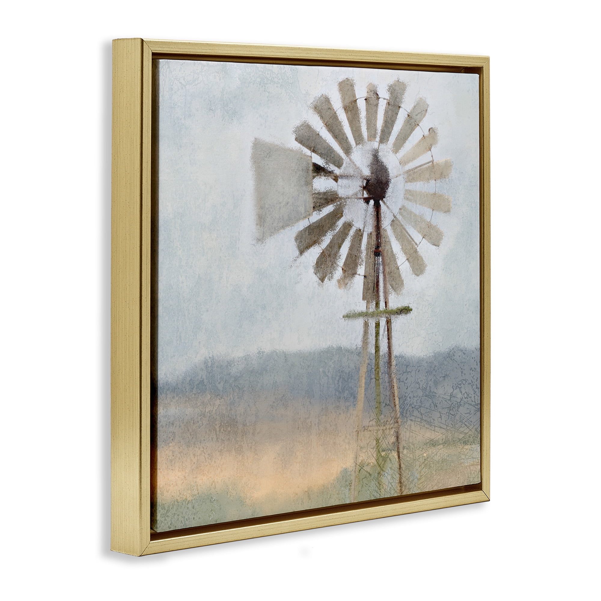 Stupell Industries Neutral Blue Windmill Breeze Landscape Painting Gold Floater Framed Canvas Art Print Wall Art, 18 x 18