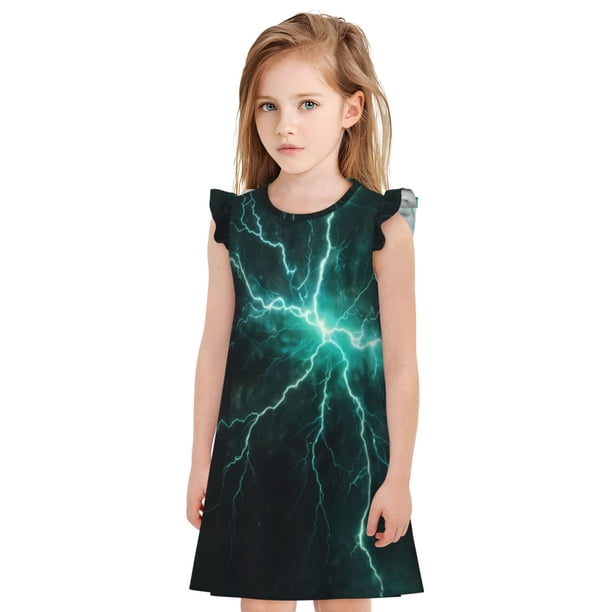 Fotbe Green Lightning Flash Vestido de Dormir para Niñas de 3 a 10 Años, Mangas Cortas, Estilo Princesa, Pijama Camisón con Mangas Voladas-Small