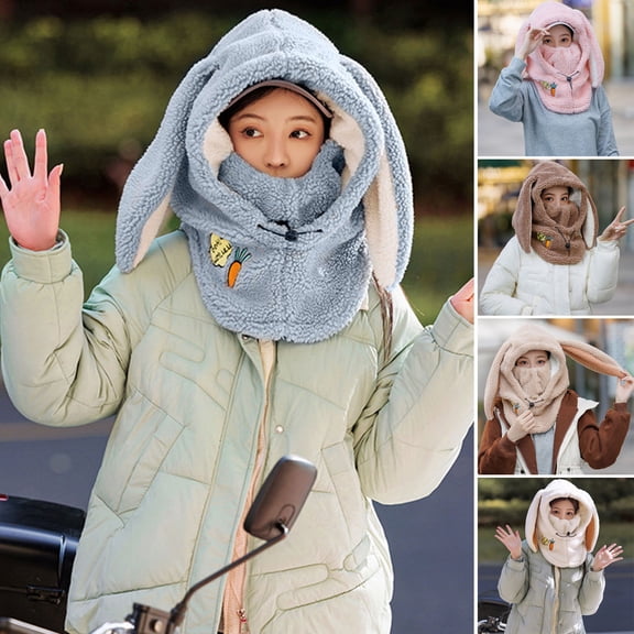 Hadanceo Women Winter Hat Full Protection Long Rabbit Ear Thick Plush Adjustable Drawstring Windproof Warm Scarf Combo Cycling Skiing Cap