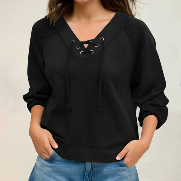 Fanxing Women's Lace-up Hooded Sweatshirt Fall Long Sleeve Loose Comfy Pullover Tunic Tops Black 2XL