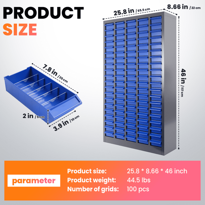 Parts Cabinet 100 Drawers with Labels, ABS Impact-Resistant Drawers, Finger-Grip Pulls for Convenient Access, Bolt and Nut Organizer for Garages, Garage, Workshop