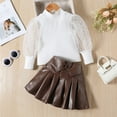 thumbnail image 4 of sususu Toddler Girls Long Sleeve Puff Sleeve T-Shirt with PU Leather Skirt Two-Piece Outfit Set ,White,3-4 Years, 4 of 8