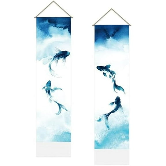1Set Ink Koi Tapestry Modern Wall Art Tapestry Blues Koi Wall Blanket Long Tapestry Wall Hanging 2 Tapestries with Tassel for Living Room Bedroom Dorm Backdrop Decor Gifts for Christmas