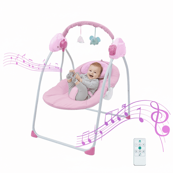 JUANYU Foldable Baby Swing for 0-18 Months Infant,3-Speed & Timer Auto Rocking Infant Swing with Bluetooth,Remote Control,Pink