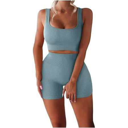 

Casual Workout Sets for Women Ribbed Sport Bra and High Waist Running Shorts Gym 2 Piece Yoga Sets
