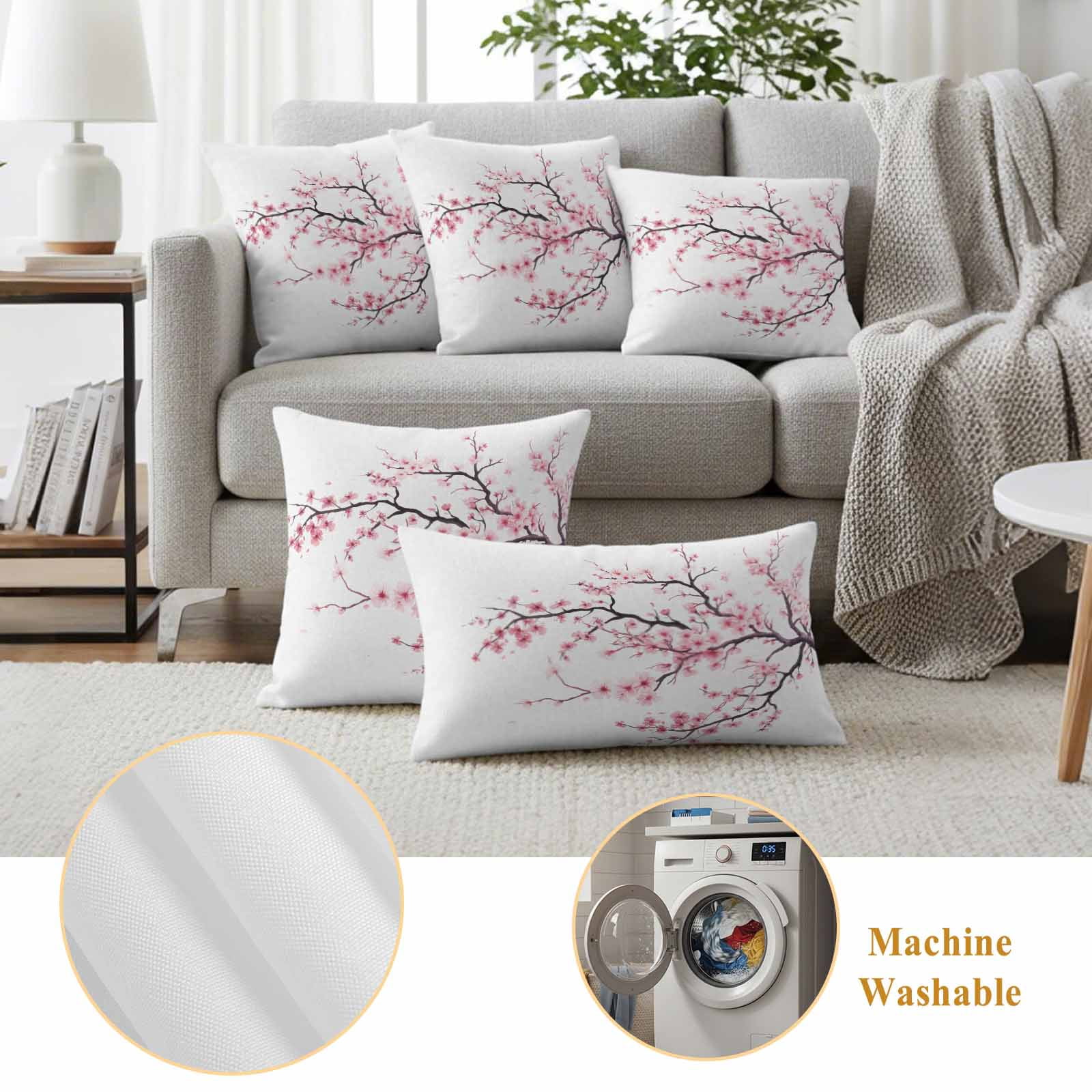 Cherry Flowers Pillow Covers 2 Pack Pink Floral Branch Spring Watercolors Pillowcase Waterproof Outdoor Throw Pillow Cover for Patio Garden Square Cushion 18”x18”