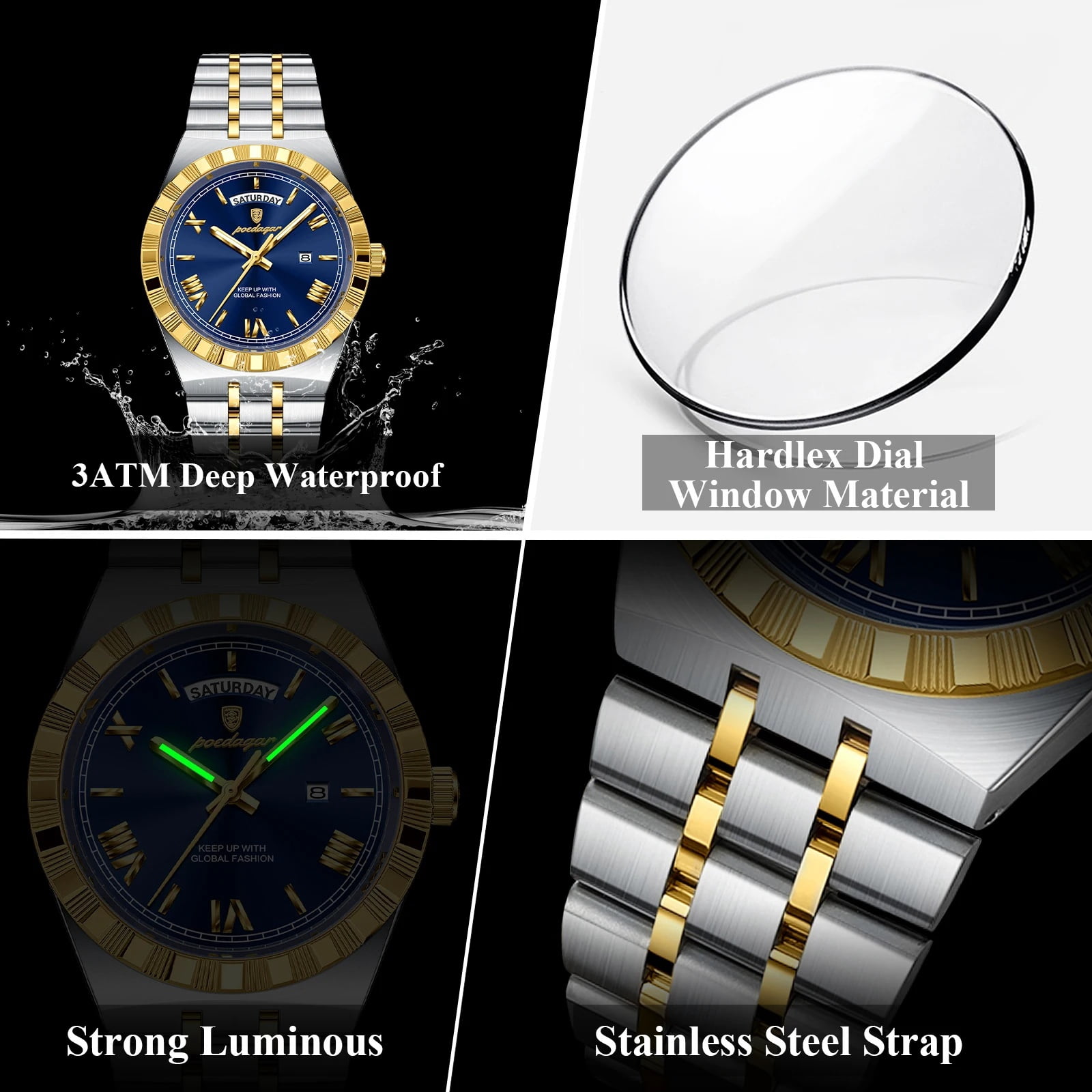 POEDAGAR Luxury Men's Waterproof Luminous Wrist Watch with Date Week Display Stainless Steel Strap