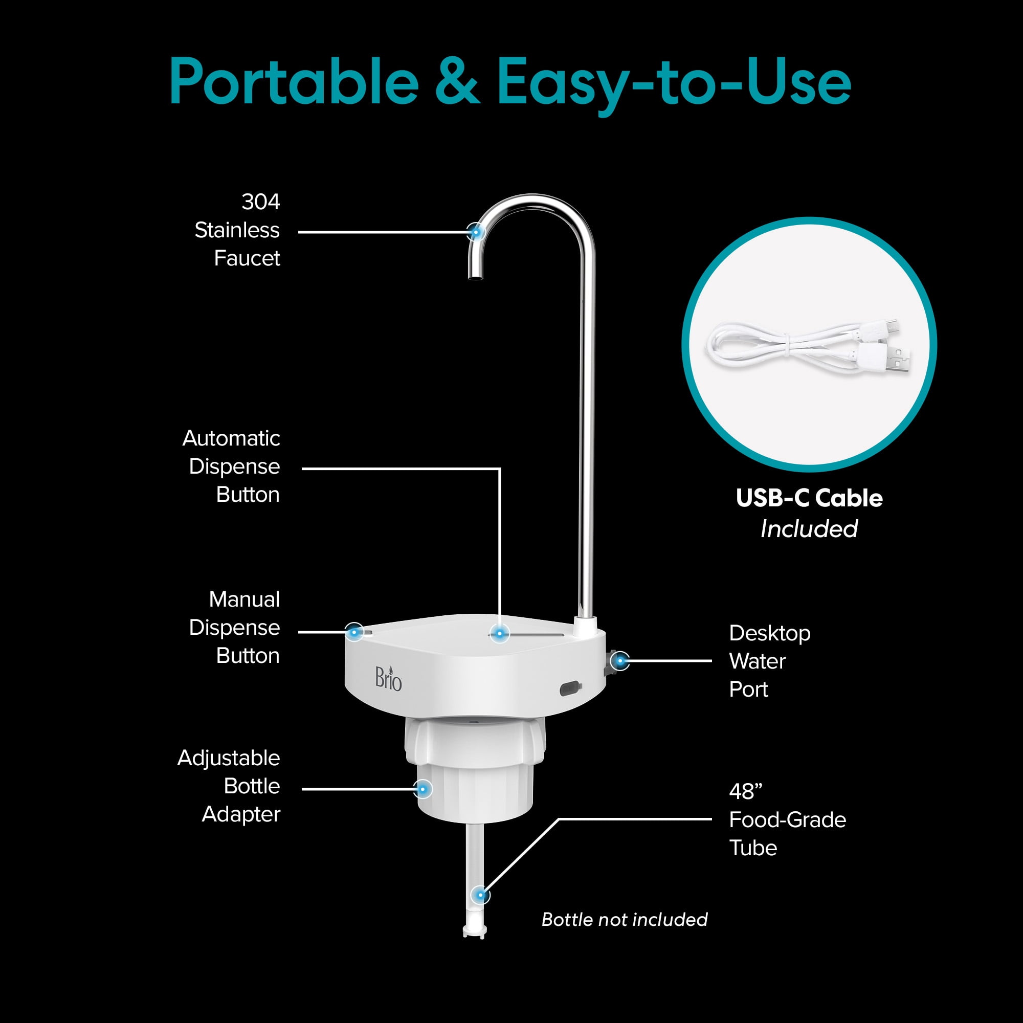 Brio Portable USB Rechargeable Electric Water Dispenser Pump for Countertops & Bottles