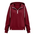 thumbnail image 6 of CQONEPT Women's Quarter Zip Hooded Sweatshirt with Split Hem Loose Fitting Pullover Top Drawstring Long Sleeved Jacket Outfit Wine 2XL, 6 of 7