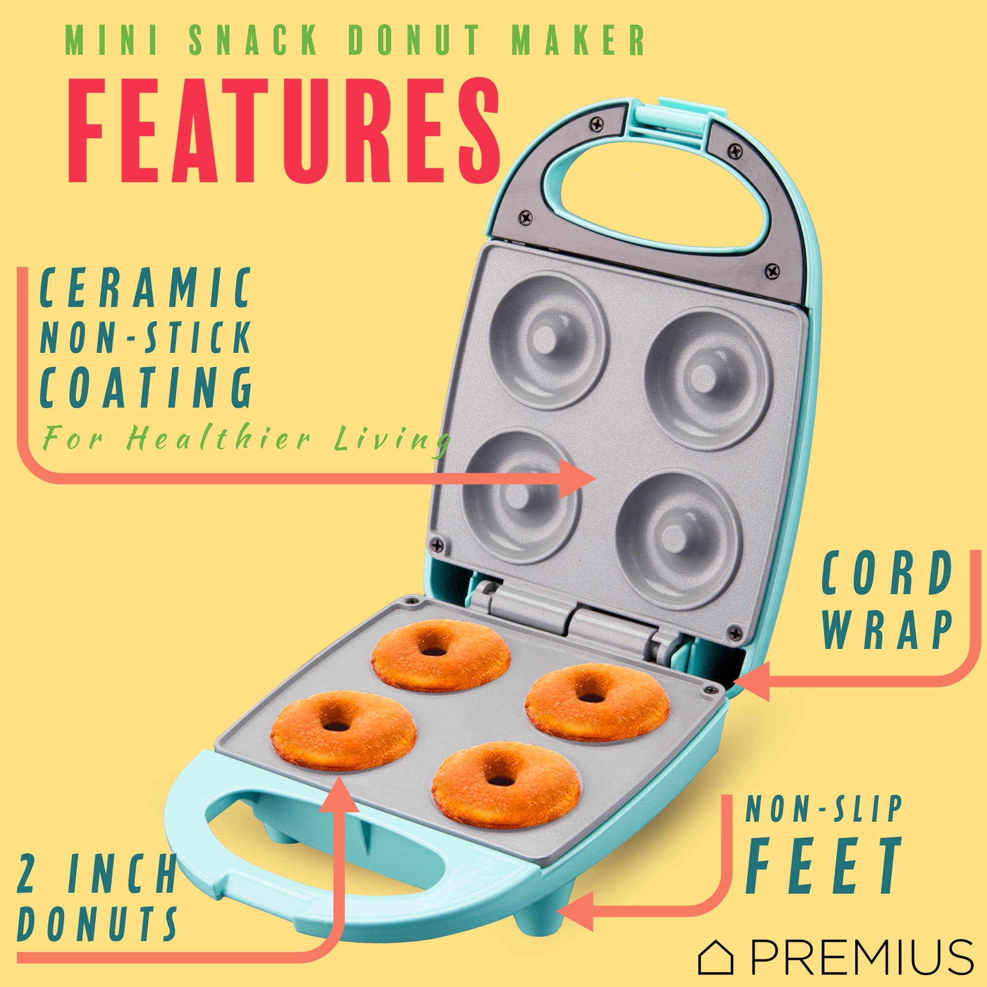 PREMIUS Ceramic Non-Stick Mini Snack Donut Maker, Turquoise, 2 Inch Mold, 4 Count