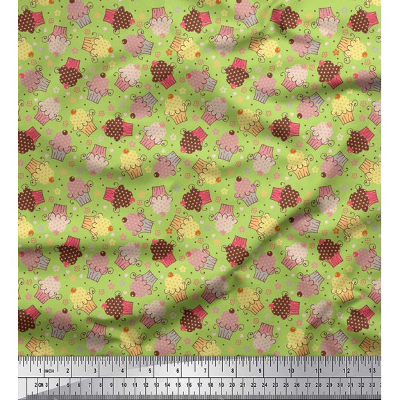 Soimoi Green Rayon Fabric Dot,Floral & Cupcakes Food Decor Fabric Printed Yard 42 Inch Wide