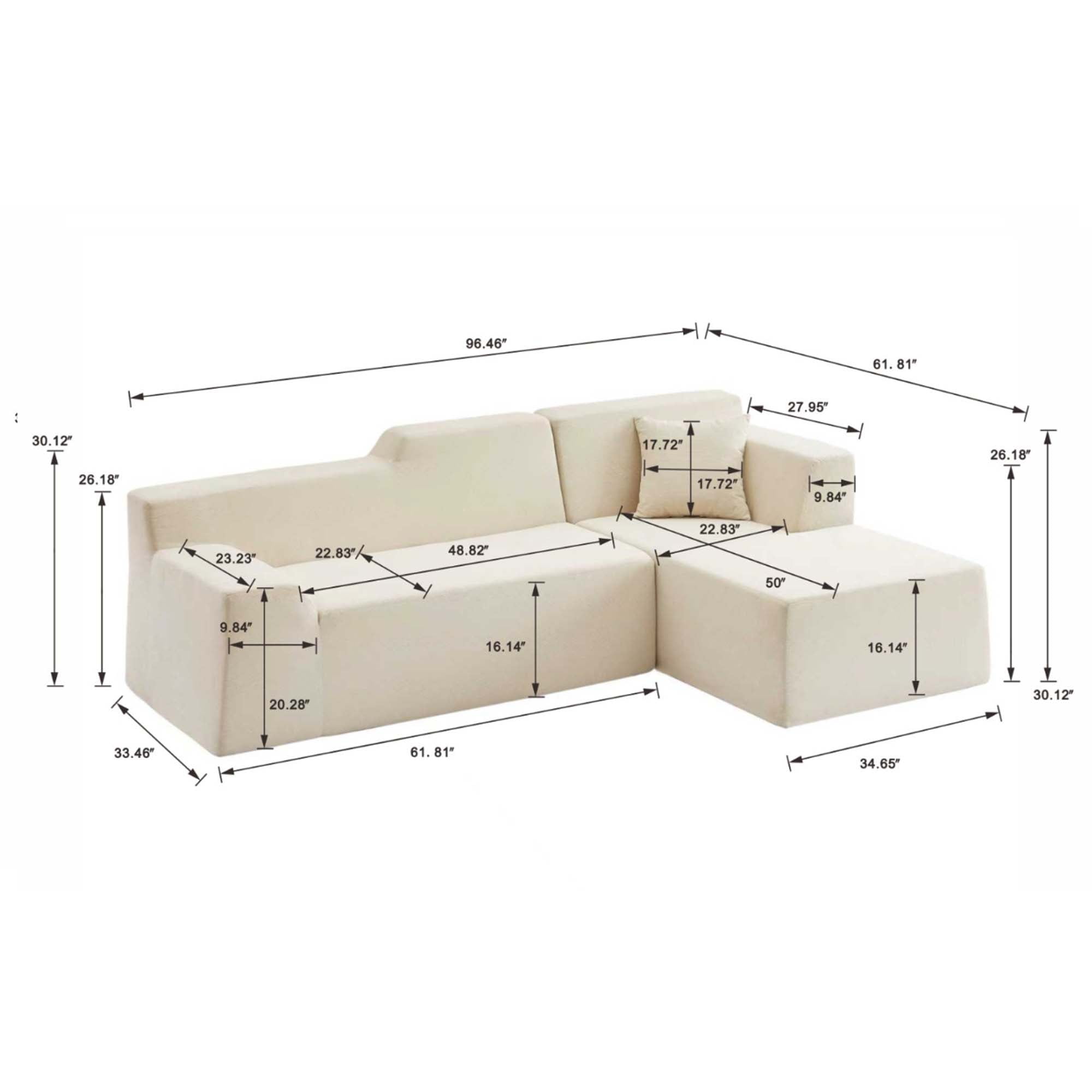 Miniyam 96" Boxed Sectional Sofa, Expands to Full Size, L-Shape Design with Soft Wide Stripe Corduroy and Deep Seat Comfort (Black, Left Facing)