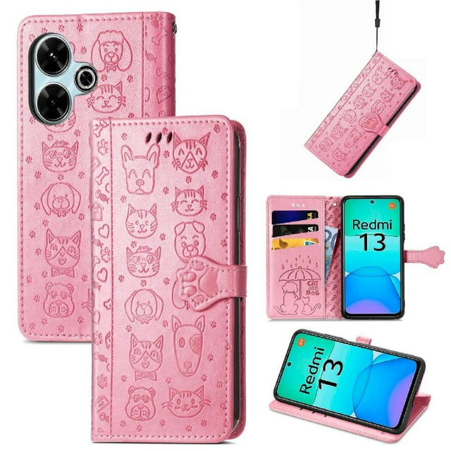 Funda Cartera FOXDOCK para Xiaomi Redmi 13 4G , Flip PU con Relieve de Gatos y Perros, Tarjetero y Soporte