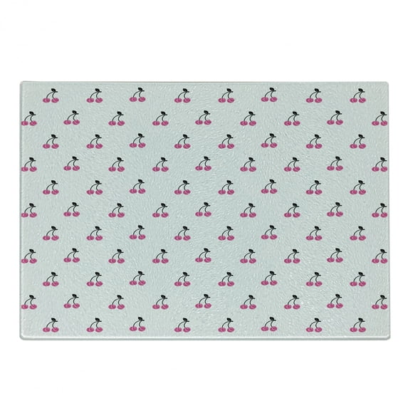 Cherry Cutting Board, Hand Drawn Illustration of Red Pie Cherry with a Single Leaf on Stems, Decorative Tempered Glass Cutting and Serving Board, Small Size, Pink Black White, by Ambesonne