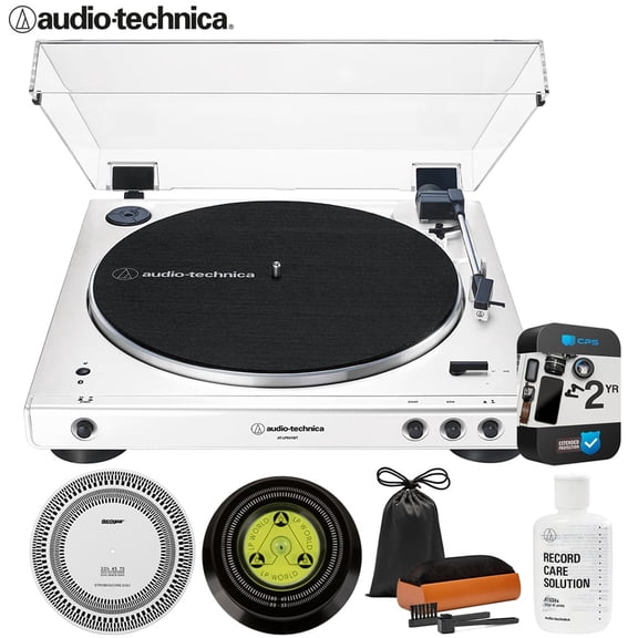 Audio-Technica AT-LP60XBT-WW Automatic Wireless Belt-Drive Bluetooth Turntable Bundle with 2 YR CPS Extended Warranty, Record Care Solution, Cleaning Kit, Stroboscope and Record Stabilizer