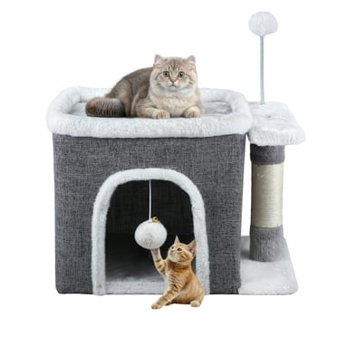 Dextrus Cat Cube Condo for Kitten, Indoor Cat House with Hanging Ball, Sisal Post, Cat Cave Bed Playhouse,Gray