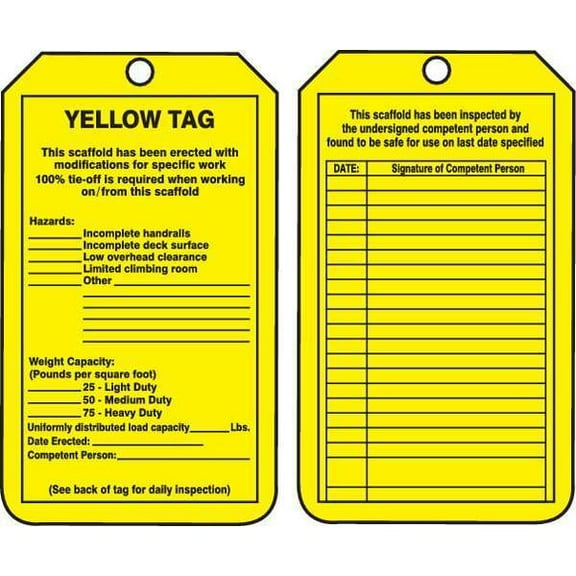 Tag, Yellow Tag, Plastic, 5 3/4 in H x 3 1/4 in W, Yellow, Rectangle, 25 PK