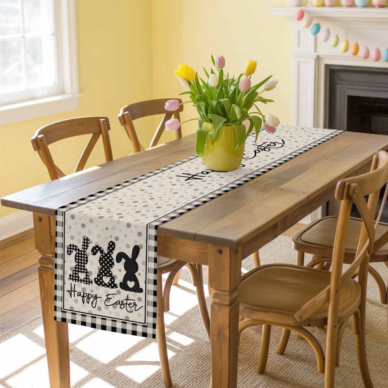 Happy Easter Table Runner, Black Bunny Polka Dots Black White Plaid Linen Texture Cotton Linen Kitchen Table Decoration Washable Dining Tabletop Runners for Home Party Decor 13x90 Inches