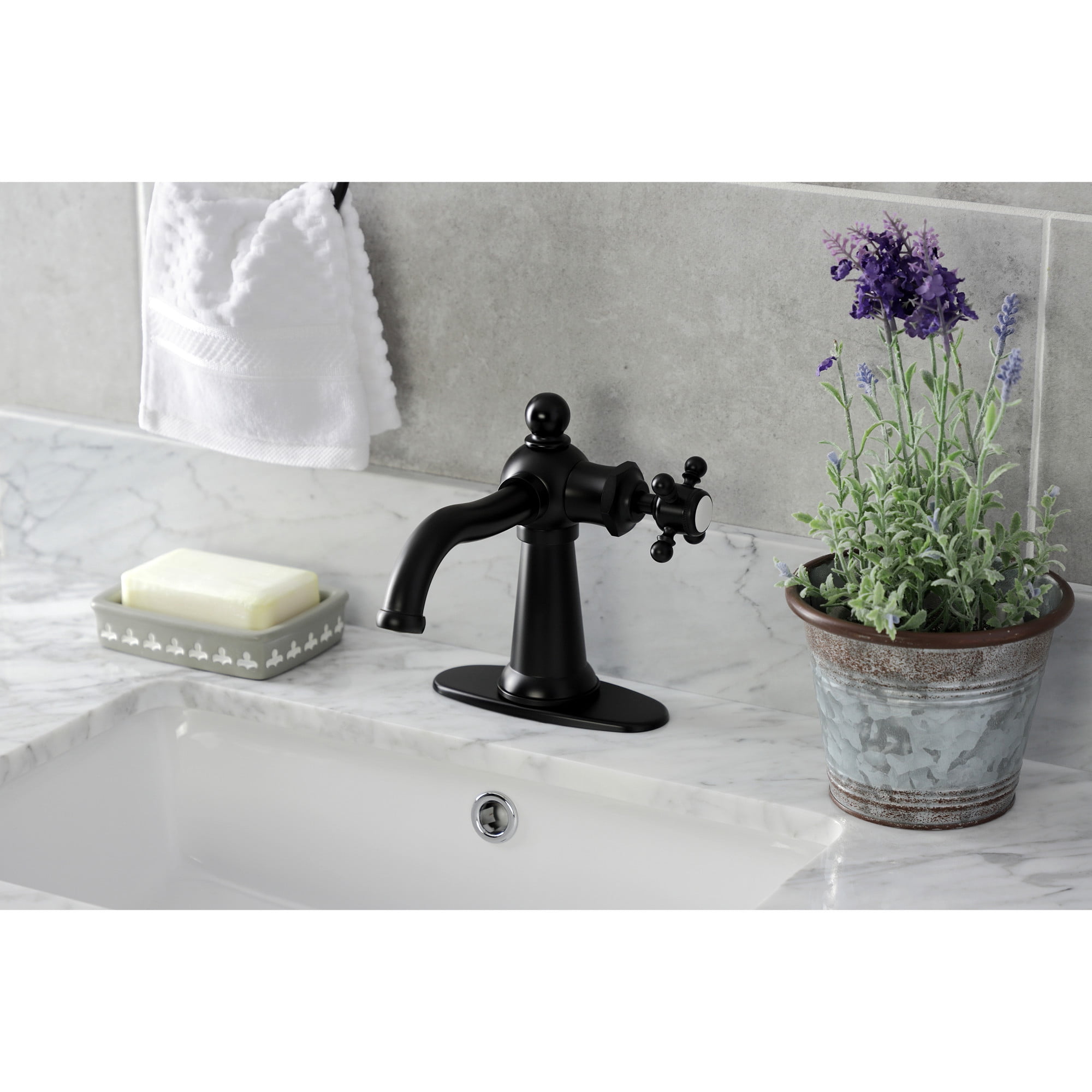 Kingston Brass KSD154BXMB Nautical One-Handle Single-Hole Bathroom Faucet with Deck Plate and Push Pop-Up Drain, Matte Black