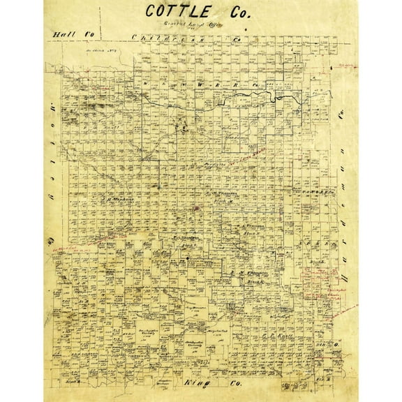 Historic County Map - Cottle County Texas - General Land Office 1883 - Vintage Wall Art