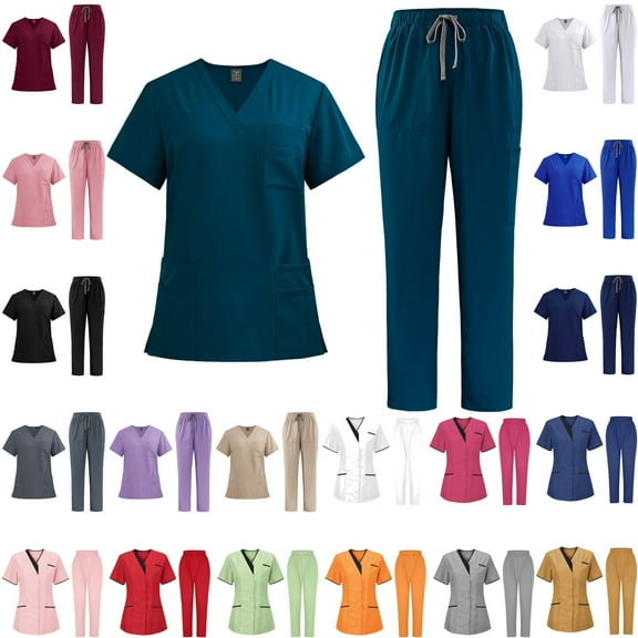Scrubs Sets for Women 2 Piece Nurse Working Uniforms Casual Comfy Solid V-Neck Caregiver Top and Drawstring Waist Pants with Pockets 90% off Clearance Sale Black L