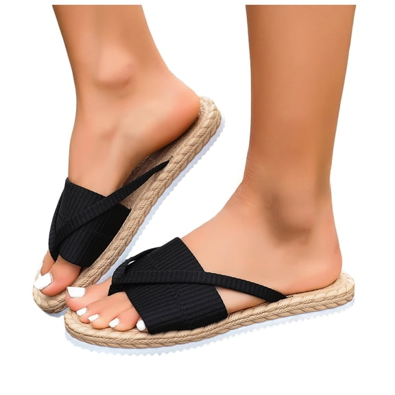 Rokment Women's Straw Flip Flops Flat Slides Sandals Bohemian Beach Stylish Casual Dress Slip on Lightweight Comfortable Walking Slippers Summer Black Size 6