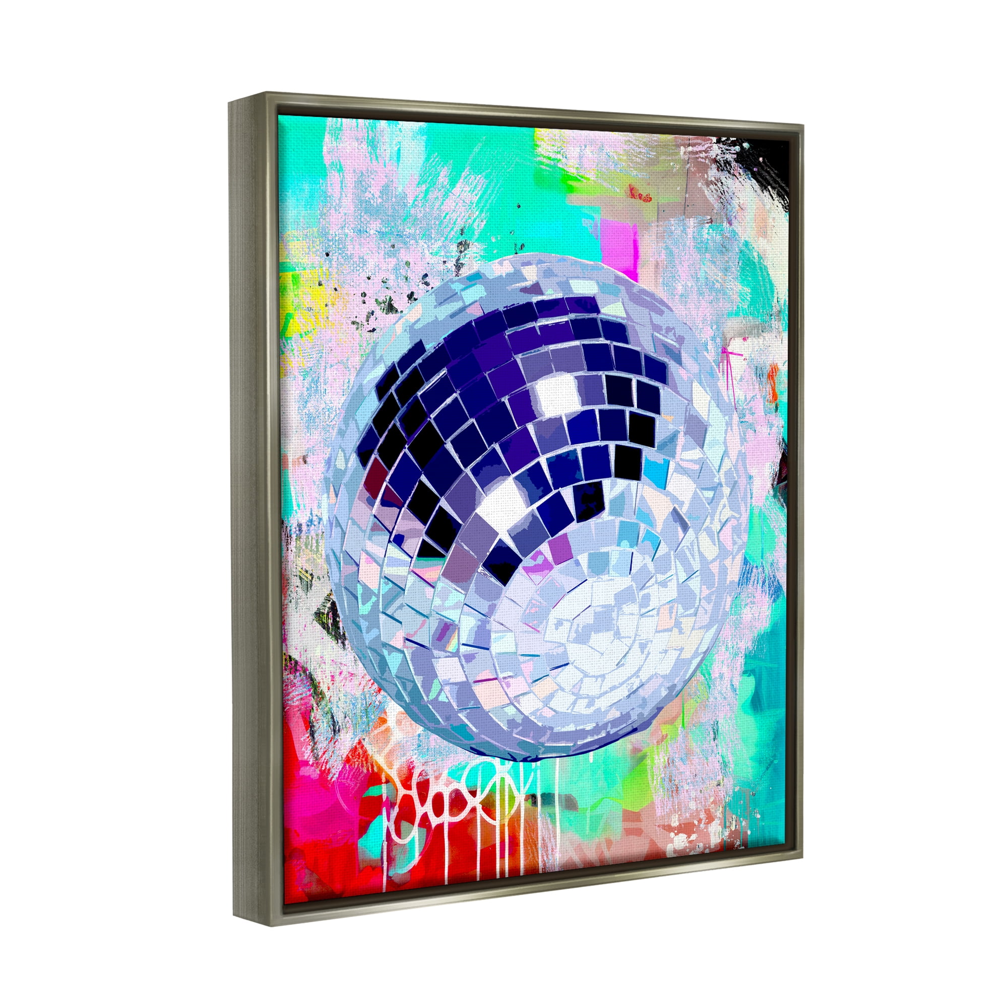 Stupell Industries Disco Ball on Graffiti Abstract Painting Gray Floater Framed Art Print Wall Art, 17 x 21