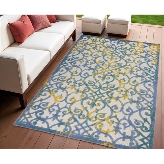 HomeRoots 546808 4 x 6 ft. Ivory Blue & Yellow Trellis Indoor & Outdoor Rectangle Area Rug