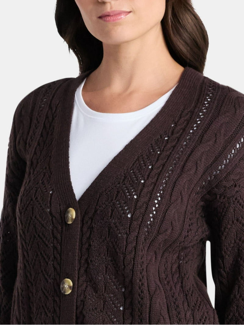 Time and Tru Women's and Women's Plus Cable Knit Cardigan Sweater