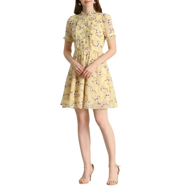 INSPIRE CHIC Women's Floral Ruffle Decor Puff Short Sleeves Chiffon Dress XS Yellow