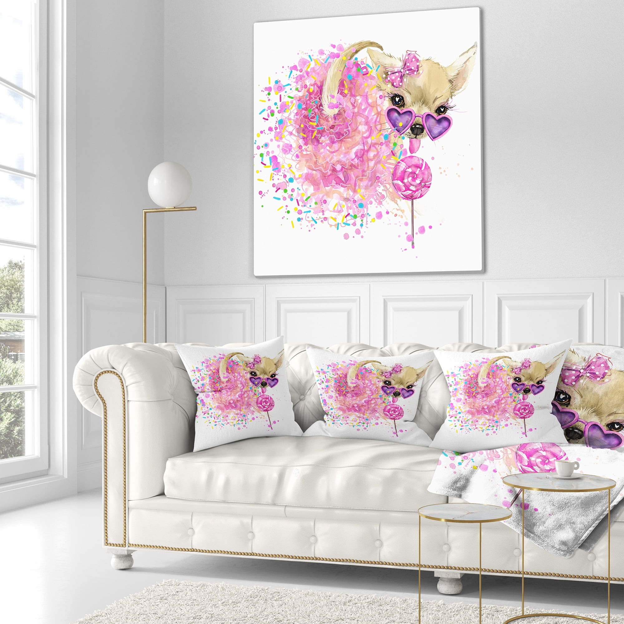Designart Sweet Pink Dog with Glasses - Animal Throw Pillow - 16x16