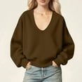 thumbnail image 2 of Htigea Womens Deep V-Neck Sweatshirts Raglan Long Sleeve Pullover Top Soft Fleece Lined Fall Winter Sweatshirt Coffee XL, 2 of 7