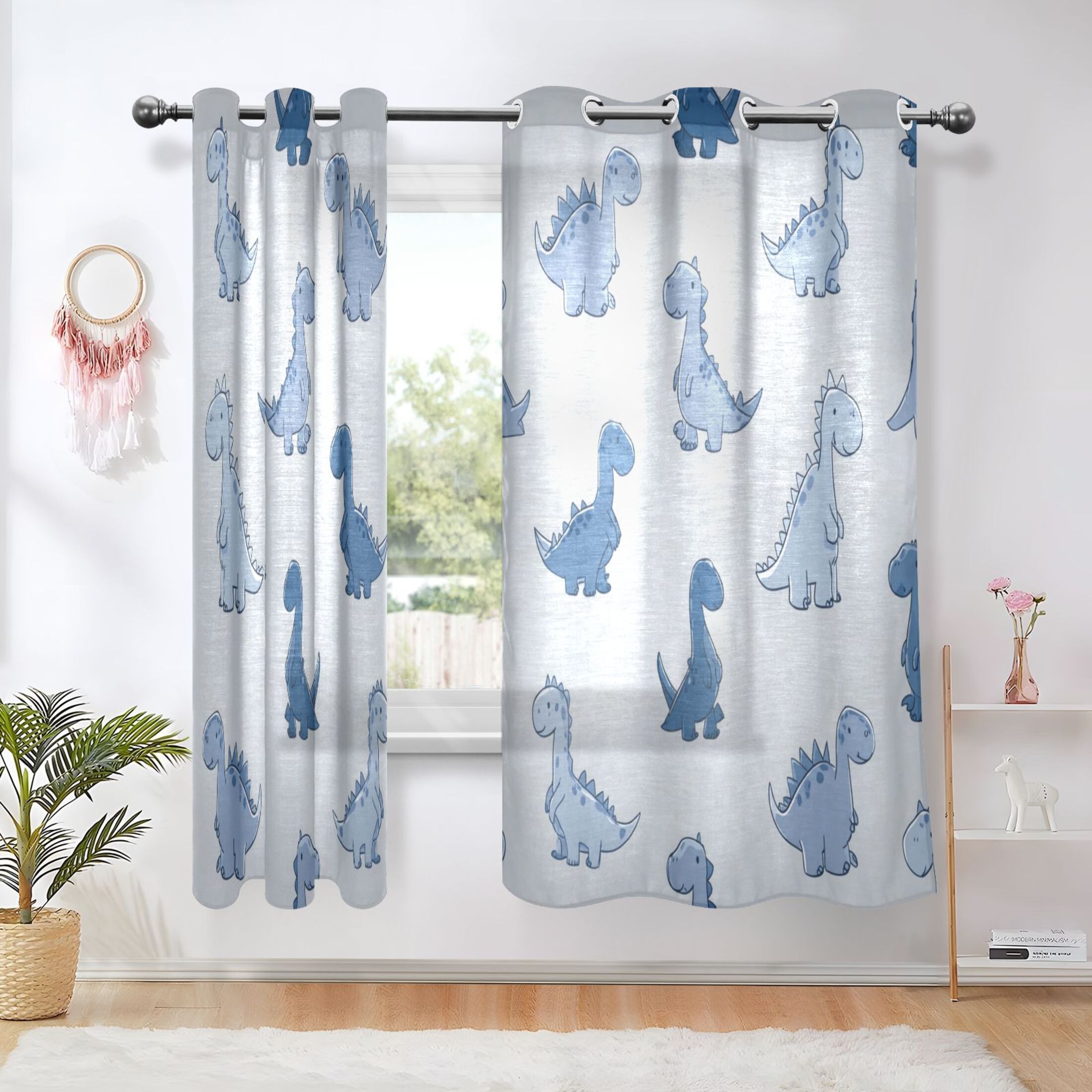 2 Panels Set Blackout Curtains Thermal Insulated Sun Protection Room Darkening Drapes for Bedroom Cute Blue Dinosaurs