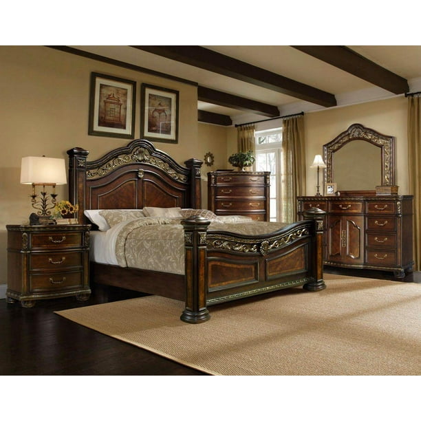 Mcferran B163 Ek Antique Brass Cherry Wood Finish King Bedroom Set 4pcs Com - What Color Paint Goes With Cherry Wood Bedroom Furniture