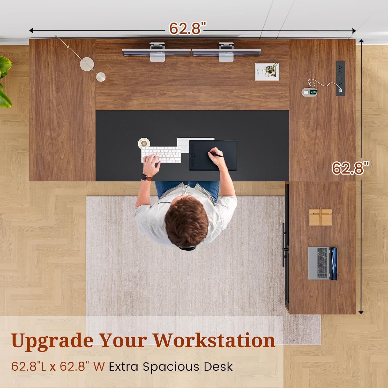 63" L Shaped Executive Desk with Mobile File Cabinet, Modern Corner Computer Desk with Power Outlets, Desk Business Workstation Set, Walnut