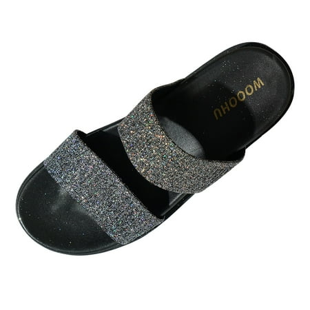 OJSFQUFP Sandals Womens Ladies Shoes Comfortable Soft Thick Sole Slippers Simple Beach Shiny Personality Outdoor Slippers Slip On Slippers for Women Black 38